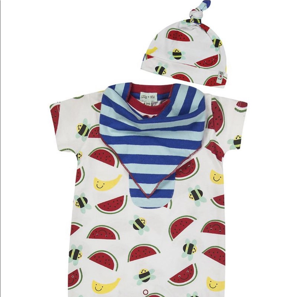 Lily & Sid 3-piece bee print romper, hat, bandana